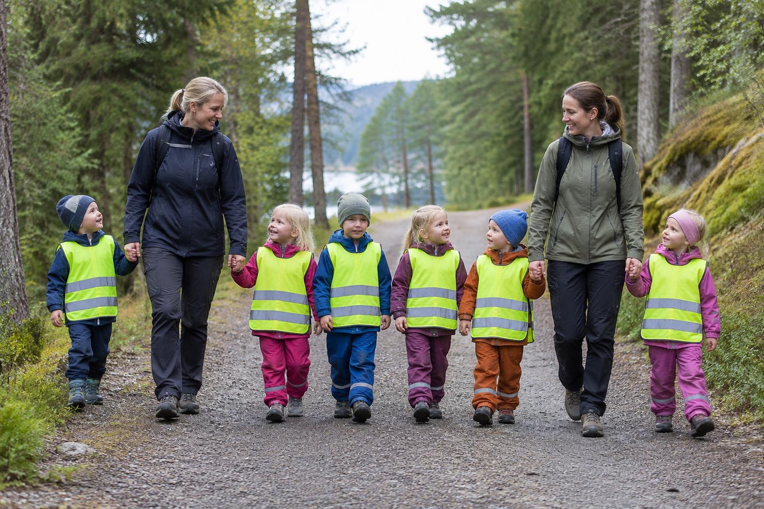 Illustrasjonsbilde av ansatte og barn i refleksvester på tur i skogen
